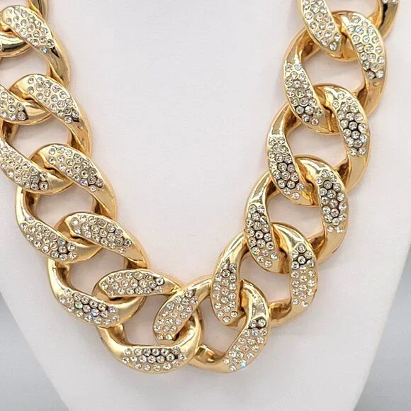 Gold Tone Linking Chain Rhinestone Studded Bib Necklace Collar Length Chunky - Picture 3 of 8